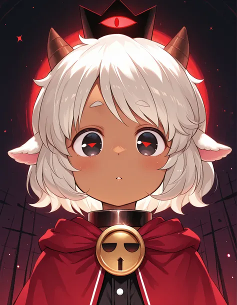 , masterpiece, best quality, very aesthetic, 1girl, solo, cult of the lamb, sheep girl, collar, horizontal pupils, red/black eyes, red crown,