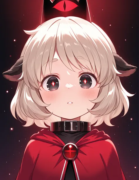 , masterpiece, best quality, very aesthetic, 1girl, solo, cult of the lamb, sheep girl, collar, horizontal pupils, red/black eyes, red crown,