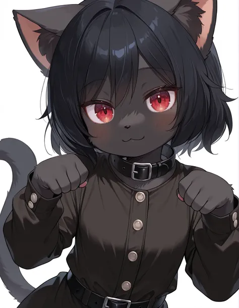 ,, masterpiece, best quality, very aesthetic, 1girl, solo, white background, looking at viewer, portrait, paw pose, :3, furry female, cat girl, animal ears, black hair, short hair, black skin, red eyes, cat tail, black jacket, buttons, long sleeves, black ...