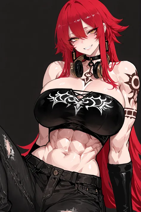 High-resolution, ultra-fine, highly detailed depiction of a tall, muscular young woman with a powerful, athletic build, broad shoulders, defined muscular arms, slim waist, extremely wide hips, thick thighs, and very large bust. She has long, wild magenta o...