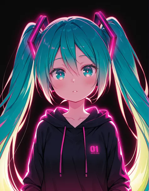 ,, Hatsune Miku,limited palette,black background,colorful,vibrant,glowing outline,neon,blacklight,looking at viewer, masterpiece, very aesthetic,