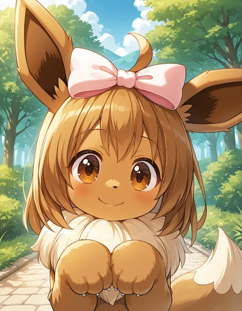 ,, pokekid, eevee, fluffy girl, furry girl, female, smile, smiling, has a big pretty bow in her hair, has animal paws for hands, 1girl, best quality, outdoors, high definition, cute,