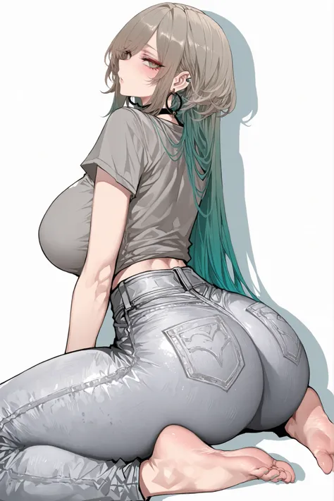 High-resolution, ultra-fine, highly detailed depiction of a tall young woman with a slim waist, extremely wide hips, very thick thighs, and moderate bust. She has long, straight teal or cyan hair flowing down her back with side-swept bangs. Light skin tone...