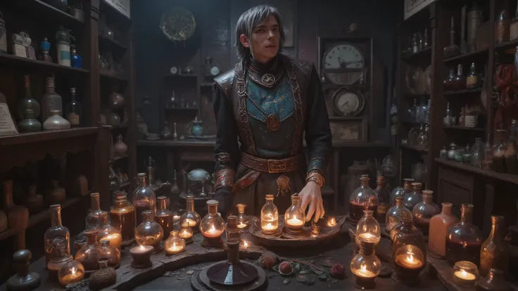 Potion Merchant - Every potion promises change, but the price is always hidden at the bottom of the bottle. mystical, magical, ray-tracing, UHD, HDR, 32K, masterpiece, award-winning.