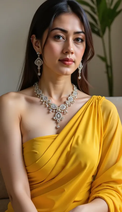 beautiful collarbone asian woman wearing yellow saree dress with diamond ornate on muscle body , Beautiful Shadows, glamour look and elegant style with dynamic pose on mucle body