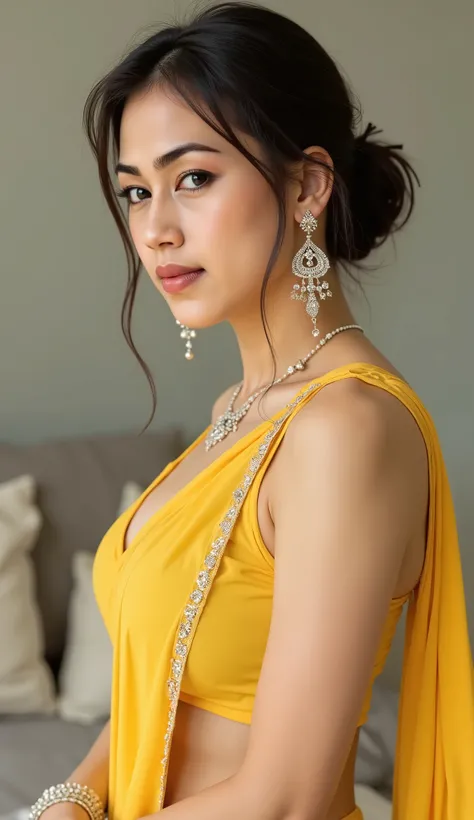 beautiful collarbone asian woman wearing yellow saree dress with diamond ornate on muscle body , Beautiful Shadows, glamour look and elegant style with dynamic pose on mucle body