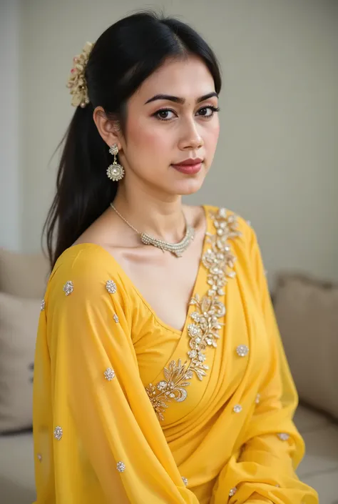 beautiful collarbone asian woman wearing yellow saree long dress with diamond ornate in saree dress on her muscle body (large breasts , Beautiful Shadows, glamour look and elegant style with dynamic pose on mucle body