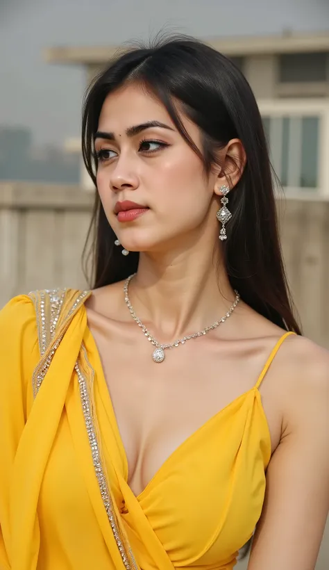 beautiful collarbone asian woman wearing yellow saree long dress with diamond ornate in saree dress on her muscle body (large breasts , Beautiful Shadows, glamour look and elegant style with dynamic pose on mucle body