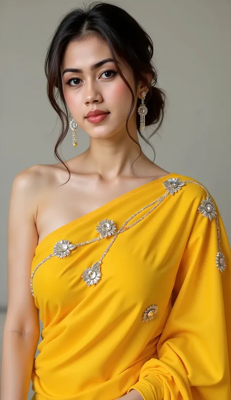 beautiful collarbone asian woman wearing yellow saree long dress with diamond ornate in saree dress on her muscle body (large breasts , Beautiful Shadows, glamour look and elegant style with dynamic pose on mucle body