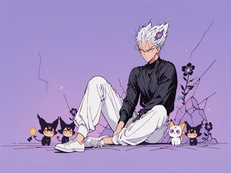 Anime character sitting on the floor on a purple background, 마법 회전 그림 속 handsome man, color dispersion, Magical Rotation Style, handsome , Former Devil King , Detailed Fan Art , 풀 컬러 illustration레이션 , Clean Line Drawing and Color , 죽음의 아름다운 man, Great ...