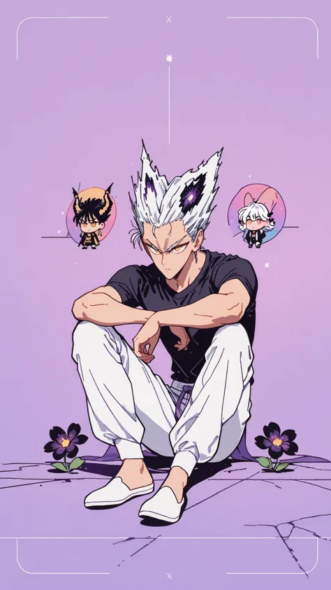 Anime character sitting on the floor on a purple background, 마법 회전 그림 속 handsome man, color dispersion, Magical Rotation Style, handsome , Former Devil King , Detailed Fan Art , 풀 컬러 illustration레이션 , Clean Line Drawing and Color , 죽음의 아름다운 man, Great ...