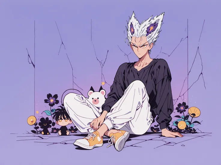 Anime character sitting on the floor on a purple background, 마법 회전 그림 속 handsome man, color dispersion, Magical Rotation Style, handsome , Former Devil King , Detailed Fan Art , 풀 컬러 illustration레이션 , Clean Line Drawing and Color , 죽음의 아름다운 man, Great ...