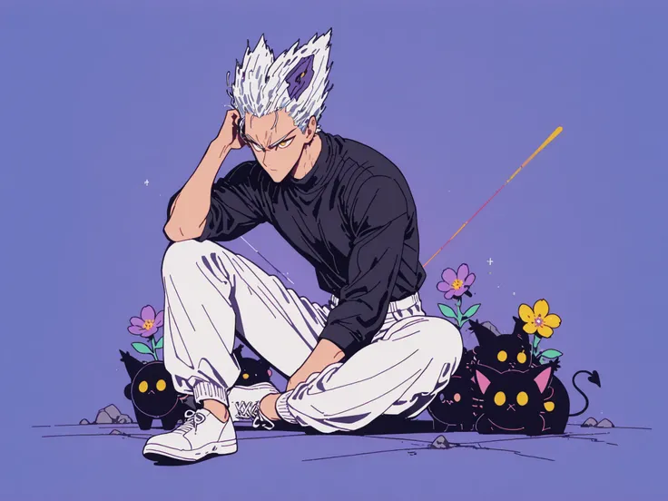 Anime character sitting on the floor on a purple background, 마법 회전 그림 속 handsome man, color dispersion, Magical Rotation Style, handsome , Former Devil King , Detailed Fan Art , Full Color Illustration , Clean Line Drawing and Color , 죽음의 아름다운 man, Gre...
