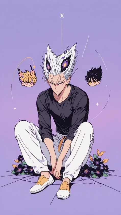 Anime character sitting on the floor on a purple background, 마법 회전 그림 속 handsome man, color dispersion, Magical Rotation Style, handsome , Former Devil King , Detailed Fan Art , 풀 컬러 illustration레이션 , Clean Line Drawing and Color , 죽음의 아름다운 man, Great ...