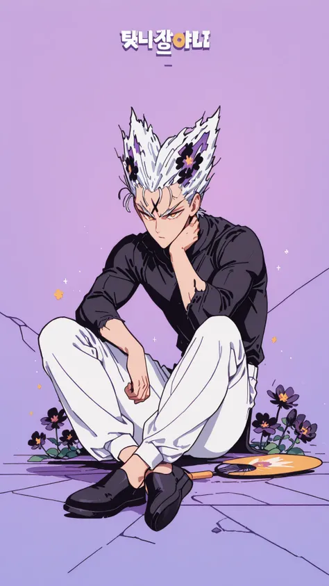 Anime character sitting on the floor on a purple background, 마법 회전 그림 속 handsome man, color dispersion, Magical Rotation Style, handsome , Former Devil King , Detailed Fan Art , 풀 컬러 illustration레이션 , Clean Line Drawing and Color , 죽음의 아름다운 man, Great ...