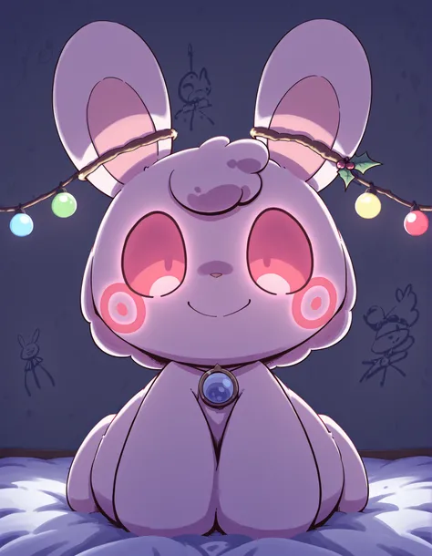 nettsuu_style,, A lonely, whimsical, bioluminescent rabbit creature, adorned with graffiti-like markings, amidst a winter wonderland of dark purple and pink. The forest is lit by glowing Christmas lights and ornaments, creating a melancholic yet magical at...