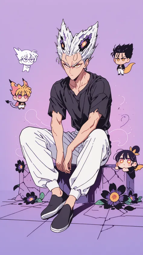 Anime character sitting on the floor on a purple background, 마법 회전 그림 속 handsome man, color dispersion, Magical Rotation Style, handsome , Former Devil King , Detailed Fan Art , 풀 컬러 illustration레이션 , Clean Line Drawing and Color , 죽음의 아름다운 man, Great ...
