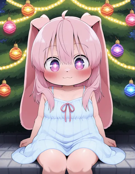 Dagashi,, A lonely, whimsical, bioluminescent rabbit creature, adorned with graffiti-like markings, amidst a winter wonderland of dark purple and pink. The forest is lit by glowing Christmas lights and ornaments, creating a melancholic yet magical atmosphe...