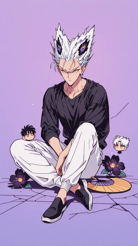 Anime character sitting on the floor on a purple background, 마법 회전 그림 속 handsome man, color dispersion, Magical Rotation Style, handsome , Former Devil King , Detailed Fan Art , 풀 컬러 illustration레이션 , Clean Line Drawing and Color , 죽음의 아름다운 man, Great ...