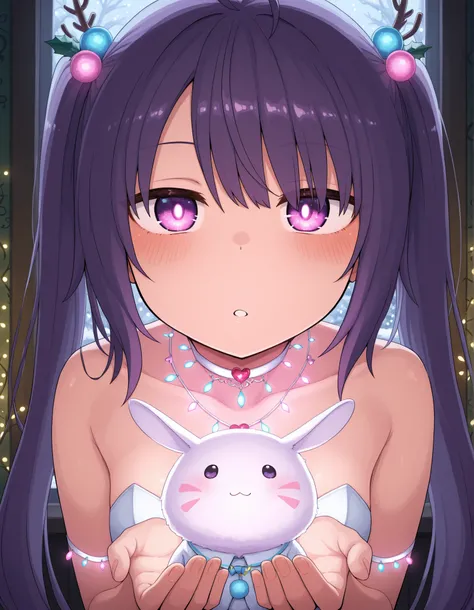 ldl,, A lonely, whimsical, bioluminescent rabbit creature, adorned with graffiti-like markings, amidst a winter wonderland of dark purple and pink. The forest is lit by glowing Christmas lights and ornaments, creating a melancholic yet magical atmosphere. ...