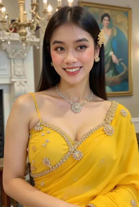 beautiful collarbone asian woman wearing yellow saree long dress with diamond ornate in saree dress on her muscle body (large breasts , Beautiful Shadows, glamour look and elegant style with dynamic pose on muscle upper body. She's wearing atribute small g...