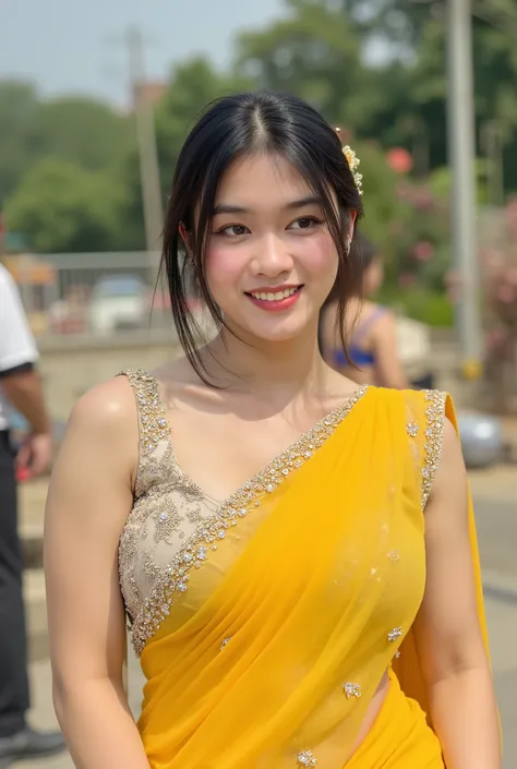 beautiful collarbone asian woman wearing yellow saree long dress with diamond ornate in saree dress on her muscle body (large breasts , Beautiful Shadows, glamour look and elegant style with dynamic pose on muscle upper body. She's wearing atribute small g...