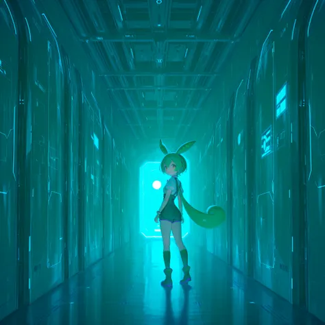 gl0w,glow, (masterpiece, detailed:1.2), best quality, 8K, ultra-detailed, high score, great score, zundamon, unnatural gaze, eerie feeling, looking back, { action pose | dynamic pose, } standing at corridor in cyber facility, nostalgia, dreamcore, absurdre...