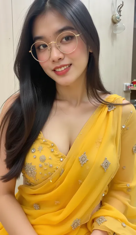 beautiful collarbone asian glasses woman wearing yellow saree long dress with diamond ornate in saree dress on her muscle body (large breasts , Beautiful Shadows, glamour look and elegant style with dynamic pose on muscle upper body. She's wearing atribute...