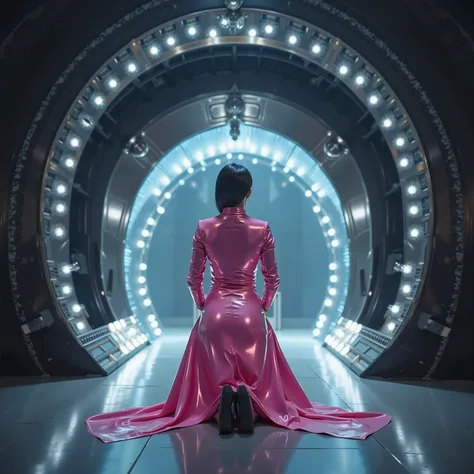 A wide angle cinematic image of a woman wearing a pink latex dress kneeling in front of a massive cybernetic citadels entranceway, the woman’s dress has illuminated circuits on it, the dress is shiny latex, the woman is 58 years old and 150 pounds