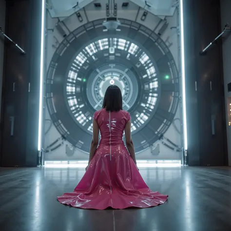 A wide angle cinematic image of a woman wearing a pink latex dress kneeling in front of a massive cybernetic citadels entranceway, the woman’s dress has illuminated circuits on it, the dress is shiny latex, the woman is 58 years old and 150 pounds
