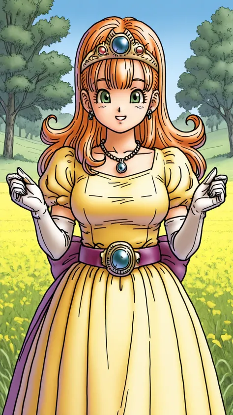 masterpiece,best quality,4K,detailed,high resolution,official art,straight-on, 1girl, solo, ORANGE HAIR, long hair, curl hair, Blunt Bang, green eyes,( big boobs:0.8), tiara, earrings, necklace, Yellow Dress, Long Dress, puff sleeve to put on your stomach,...