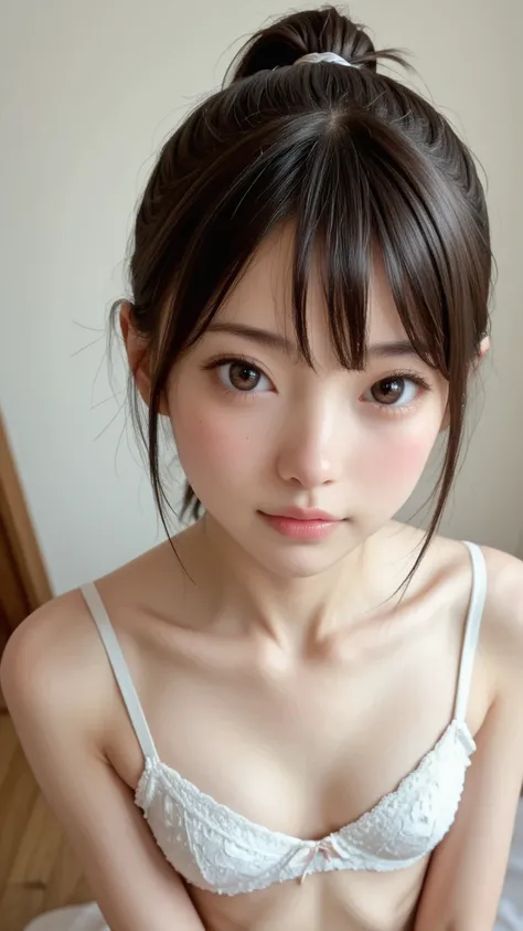 a short ponytail skinny japanese beautiful girl's face, pov, 
masterpiece, Highest Quality, High Definition, rich contrasts, very detailed, dynamic angle, raw photo style