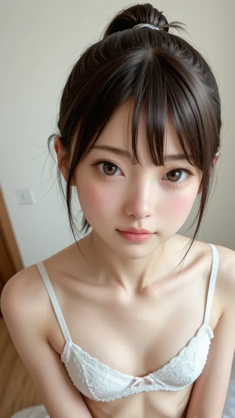 a short ponytail skinny japanese beautiful girl's face, pov, 
masterpiece, Highest Quality, High Definition, rich contrasts, very detailed, dynamic angle, raw photo style