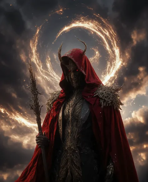 messenger of the cult of the eternal sky, detailed portrait of a mysterious hooded figure, dramatic lighting, intricate clothes, ornate staff, dramatic clouds in the sky, Heavenly Energy, swirling around, cinematic,portrait,fantasy style,digital art,4k,HDR...