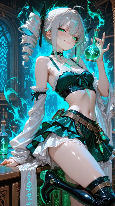 masterpiece, super detailed, 8k, cinematic animation realism, RAW Photo Quality , ultra-fine details, 没入感のある幻想的なenvironment.



theme:
 Herbalist sitting in front of her shop,  A provocative S-line hip lift, 足の指先がランに乗る片足曲げたPose,  Legs with arched ankles st...