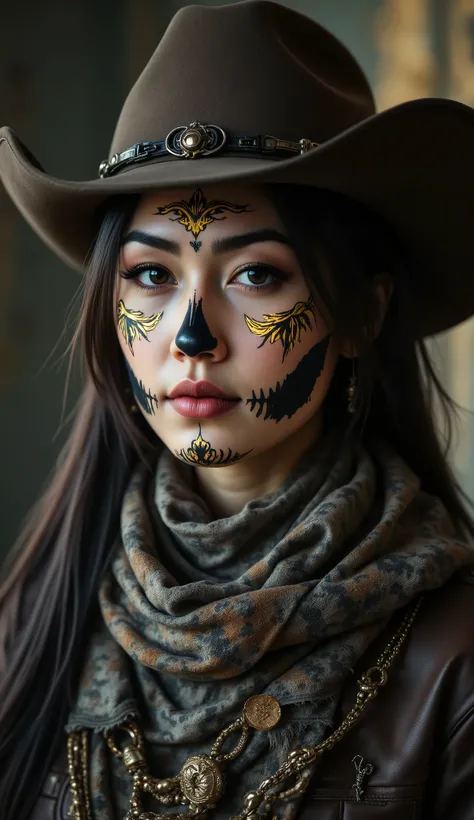 Close-up portrait of an Asian woman A face adorned with makeup or complex art, resembling a decorated skull, often associated with Day of the Dead celebrations, with detailed gold designs adding an incredibly gorgeous ornate touch to classic Wild West cost...
