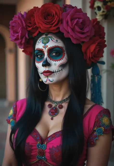 Create an image of a woman's face half skeleton and half skin. that has things from the Day of the Dead in the background and I have a phrase about something related to that.
