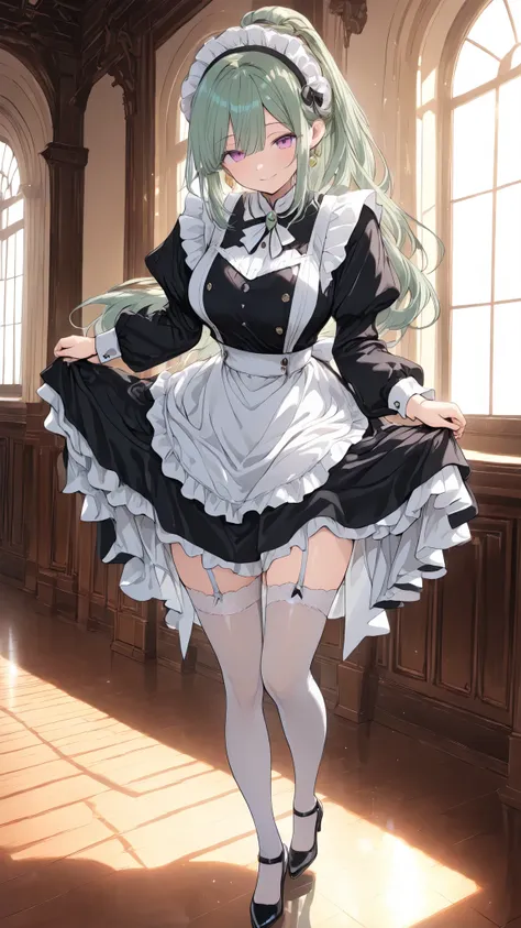 large breasted older sister, (masterpiece, best quality, ultra detailed, elegant lighting, cinematic composition),
a beautiful maid standing gracefully indoors, performing a polite curtsey,
lifting the edge of her skirt slightly with both hands,
wearing a ...