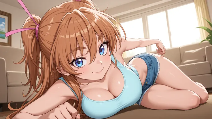 1girl,(houjou hibiki, two side up, half updo, brown hair, orange hair, hair between eyes, long hair, eyelashes, eyebrows visible through hair, blue eyes, hair ribbon, pink ribbon,full body,Light blue sleeveless top, hot pants, cleavage,Big breasts,smile,Close one eye,harf eye,Pull the hem of your chest),Daytime, living room