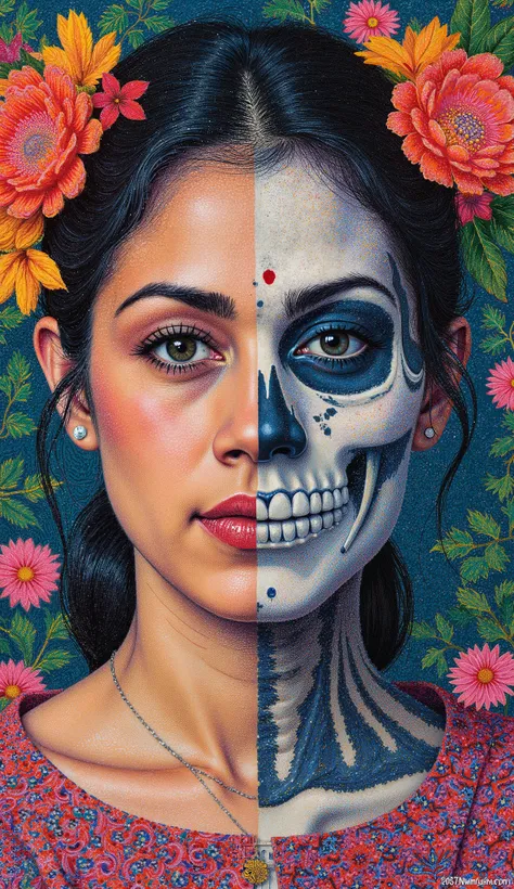 Create a pointillism painting art of a woman's face half skeleton and half skin. that has things from the Day of the Dead in the background and I have a phrase about something related to that.