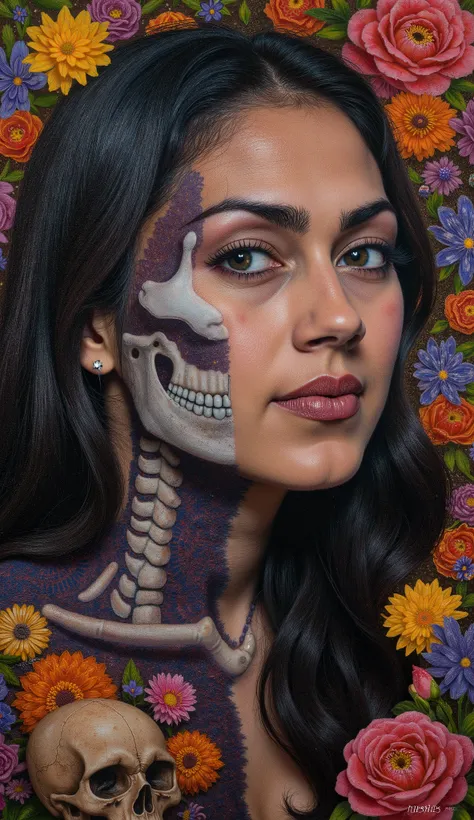 Create a pointillism painting art of a woman's face half skeleton and half skin with dynamic aside relax pose . that has things from the Day of the Dead in the background and I have a phrase about something related to that.