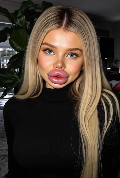 Ultra-realistic front view portrait of a super cute young woman in her 20s with platinum blonde hair with black roots. She has a puffy face and long eyelashes. Her facial features are huge fake round bimbo lips, glossy and overfilled, and she has round che...
