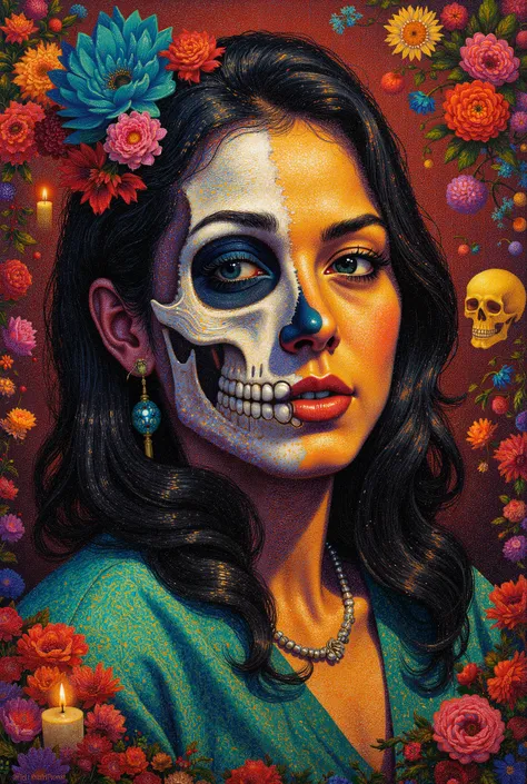 Create a pointillism painting art of a woman's face half skeleton and half skin with dynamic aside relax pose . that has things from the Day of the Dead in the background and I have a phrase about something related to that.