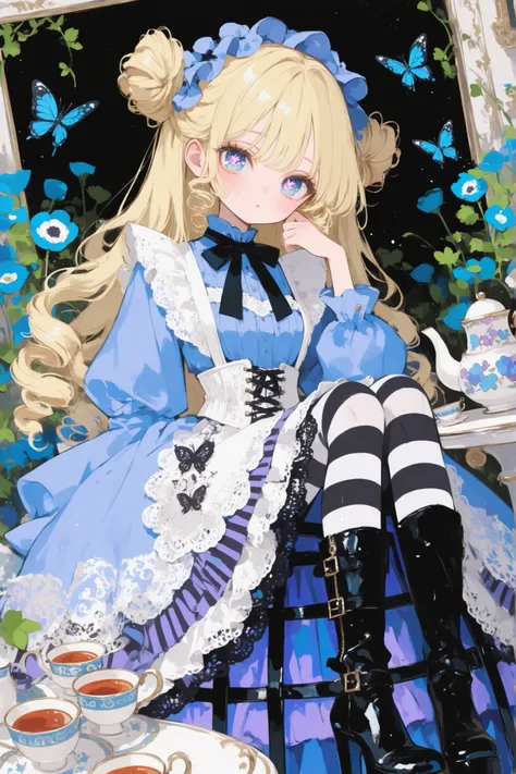 ((delicate detailed butterfly-shaped pupils)) (portrait, close-up focus on face) The girl, a Alice in Wonderland. She has long curly blonde hair, gathered into a vintage Empire style hairstyle. She has bicolored blue-violet eyes. She is wearing a violet d...