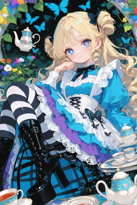 ((delicate detailed butterfly-shaped pupils)) (portrait, close-up focus on face) The girl, a Alice in Wonderland. She has long curly blonde hair, gathered into a vintage Empire style hairstyle. She has bicolored blue-violet eyes. She is wearing a violet d...