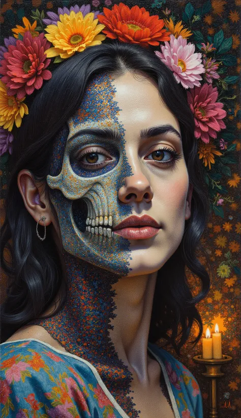Create a pointillism painting art of a woman's face half skeleton and half skin with dynamic aside relax pose . that has things from the Day of the Dead in the background and I have a phrase about something related to that.