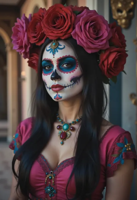 an oil painting in the style of WLOP of a woman with sugar skull paint and candles holding, in the style of realistic fantasy artwork, digital airbrushing, tanya shatseva, contrasting lights and darks, pixel art, exaggerated facial features, Ruben M...