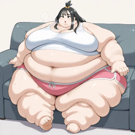 zalida, lida \(pokemon\), aged up, black hair, black eyes, long hair, bangs, sidelocks, topknot, hair bobbles, ear piercing, tank top, midriff, dolphin shorts, sitting on couch, fat, chubby, obese, fat neck, multiple chins, big breasts open mouth, out of b...