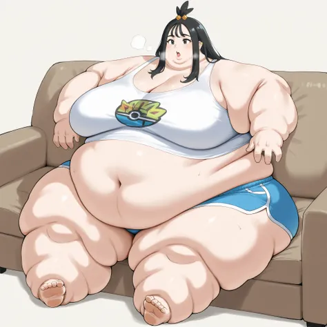 zalida, lida \(pokemon\), aged up, black hair, black eyes, long hair, bangs, sidelocks, topknot, hair bobbles, ear piercing, tank top, midriff, dolphin shorts, sitting on couch, fat, chubby, obese, fat neck, multiple chins, big breasts open mouth, out of b...