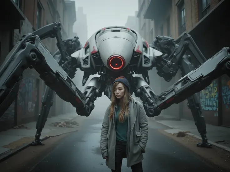 In a dystopian urban setting, a woman stands face-to-face with a large, menacing robotic creature. The robot has an ovular, helmet-like body, predominantly white with a prominent red stripe running down the middle. Its four spindly, mechanical legs give it...